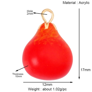 Macro view of 17x12mm red acrylic teardrop fruit charm with detailed product dimensions
