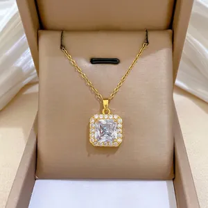 Elegant Square Halo Pendant Necklace Stainless Steel Chain Copper Micro Pave Zircon Luxury Jewelry For Women Gold Plated