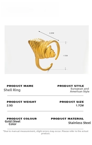 Detailed macro view showing the dimensions of a golden conch-shaped stainless steel ring