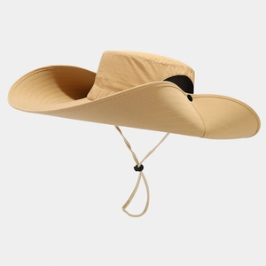 Khaki wide brim sun hat with breathable mesh and adjustable windproof strap for outdoors