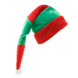 Cappello natalizio extra lungo a strisce rosse e verdi in peluche con pompon bianco