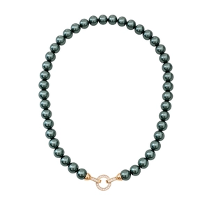 French vintage dark green pearl necklace with a luxury diamond-set round metal clasp