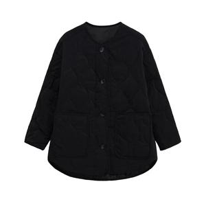 Quilted black crewneck cotton jacket with button closure and large front pockets