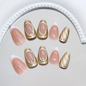 Golden French tip press on nails with luxury 3D chrome waves on almond shape