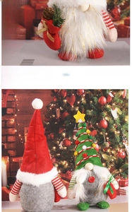 Close-up of handmade Christmas gnomes with felt hats and soft faux fur beards for holiday decor