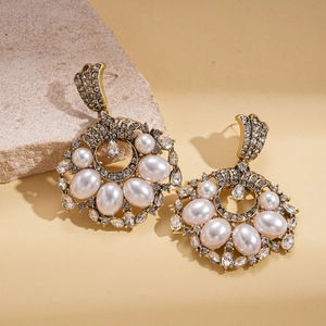 Vintage gold hoop earrings with white pearls and sparkling rhinestones for women