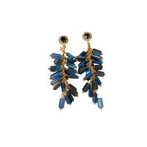 Elegant blue crystal beaded earrings with gold star pendant and black gemstone studs