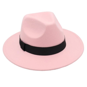 Detail of pink wool felt fedora hat featuring a stylish black grosgrain ribbon band