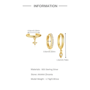 Detail of gold S925 silver earring set with AAAAA zircon and precise size dimensions