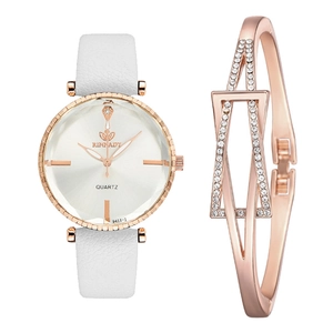 Elegant white leather watch and rose gold rhinestone bracelet set for women stylish accessory