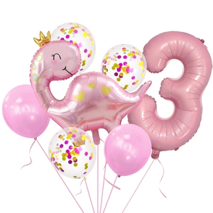 Pink crown dinosaur balloon set with giant number 3 and confetti balloons for birthday
