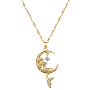 Luxurious gold mermaid and moon pendant necklace with sparkling cubic zirconia on O-chain
