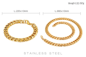 Detailed specs of gold stainless steel Cuban chain necklace and bracelet set