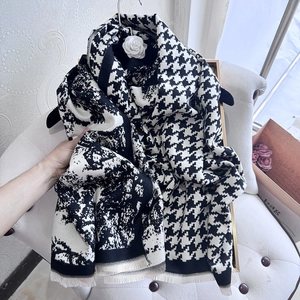 Elegant black and white houndstooth cashmere shawl with abstract ink art patterns