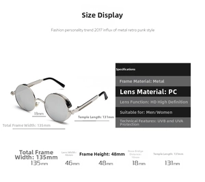 Detailed size chart and specifications for retro punk metal round frame sunglasses