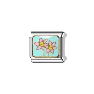 Italian modular charm in stainless steel with colorful pink enamel flowers and blue background