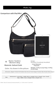 Waterproof nylon shoulder bag set size guide featuring a large tote and coin purse