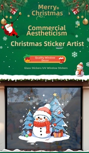 Detailed UV printed Christmas glass sticker featuring cute snowman and festive tree motif