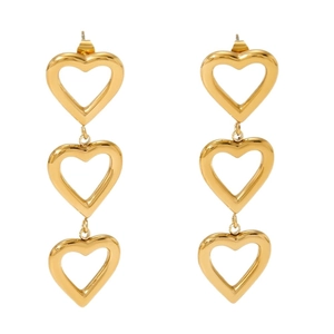 Boucles d'oreilles minimalistes en acier 316 avec triple cœurs dorés évidés pendants