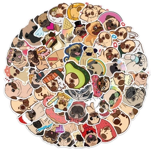 Flat lay of cute cartoon Pug stickers with various poses and accessories on white background