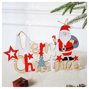 Detail of wooden Merry Christmas cutout with Santa and red star festive tree hanging