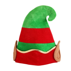Striped Christmas elf hat with plush bells and brown ears on a white background