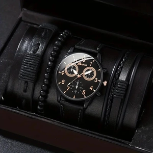 Close-up of a men's black quartz watch set with matching beaded bracelets in a gift box