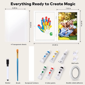 Detail view of DIY handprint photo frame kit with acrylic paints and accessories