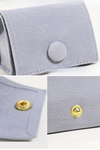 Detailed views of light blue velvet jewelry pouch with snap button and soft texture