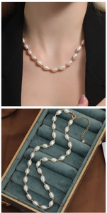Detail of freshwater pearl necklace with gold beads on model and in jewelry box