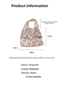Detailed dimension chart for purple floral tote bag with 40x31x8cm size and polyester fabric