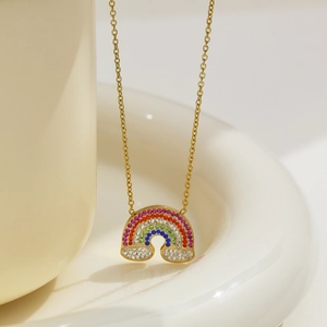 Elegant gold titanium steel necklace featuring a vibrant rainbow zircon stone pendant