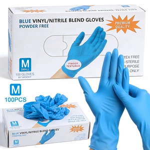 Blue nitrile vinyl blend disposable gloves detail showing box and powder-free texture