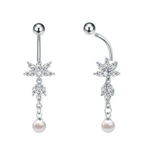 Detailed view of silver navel ring with marquise zircon flower and white pearl drop