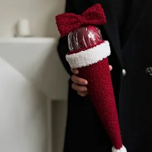 Christmas lamb wool knit cone gift bag for apple packaging with white fur trim and red bow