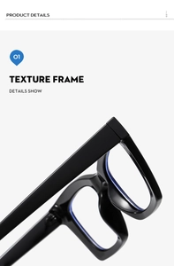 Close-up of wide black texture frame and blue light blocking coating on lenses