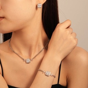 Geometric Octagon Square Zircon Necklace Earrings Bracelet Copper With Silver Earring Post Elegant Jewelry Women