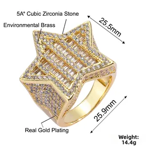 Détail de bague hip hop étoile avec placage en or véritable et micro-pavage en zircone 5A+