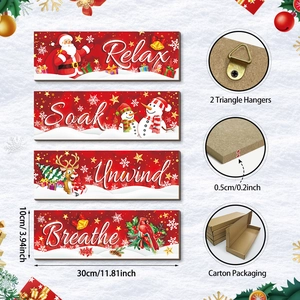 Set of 4 Christmas wooden signs with snowman patterns and metal hanging hooks