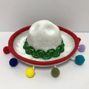 White felt Mexican sombrero headband with colorful pom-poms and red decorative edging