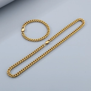Ensemble collier et bracelet pour homme à maille gourmette dorée en acier inoxydable poli