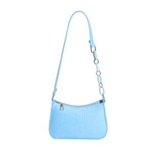 Light blue faux leather underarm bag with crocodile pattern and acrylic chain