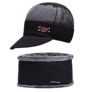 Men's winter fleece knit hat and neck warmer set in black and grey contrast design