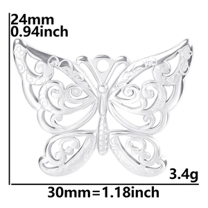 Macro view showing 30mm x 24mm dimensions and weight of the silver butterfly pendant