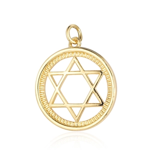 Detailed close-up of a golden round pendant with hollow hexagram star design and texture