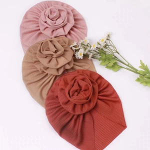 Cute striped ice silk baby turbans with large 3D floral decoration in three soft colors
