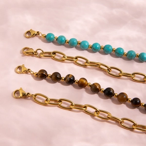 Vintage 18K gold plated stainless steel bracelet set with turquoise and tiger eye beads