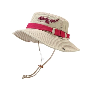 Chapeau de soleil beige avec broderie rose et cordon coupe-vent réglable pour randonnée