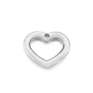 Macro detail of a 16mm heart-shaped silver metal pendant with a single top hole for DIY