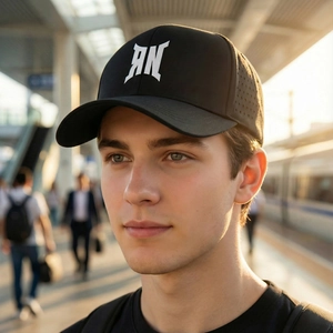 Men's black cotton baseball cap with white letter logo on a sunlit station background